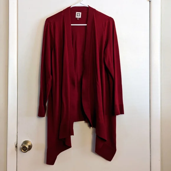 ANNE KLEIN Pointelle Trim Waterfall Cardigan ln Titian Red - Picture 2 of 6